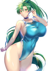 Rule 34 | 1girl, bare shoulders, blue one-piece swimsuit, blush, breasts, choker, closed mouth, collarbone, competition swimsuit, covered navel, fire emblem, fire emblem: the blazing blade, green eyes, green hair, high ponytail, highleg, highleg swimsuit, huge breasts, kumakichi (cost-lost), long hair, looking at viewer, lyn (fire emblem), nintendo, one-piece swimsuit, simple background, smile, swimsuit, thighs, very long hair, white background