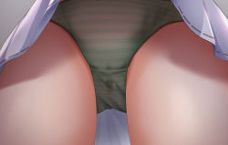 Rule 34 | 1girl, close-up, crotch, female focus, green panties, grey background, have to pee, head out of frame, highres, lower body, miniskirt, original, panties, pantyshot, pee stain, simple background, skirt, solo, striped clothes, striped panties, underwear, upskirt, view between legs, watakarashi, wet, wet clothes, wet panties, white skirt
