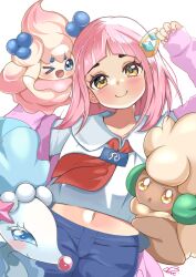 Rule 34 | 1girl, absurdres, alcremie, arched bangs, blue eyes, blue pants, blush, cardigan, closed mouth, coat, collared shirt, creatures (company), eyelashes, game freak, gen 5 pokemon, gen 7 pokemon, gen 8 pokemon, gloves, hair ornament, hairclip, highres, holding, lacey (pokemon), long sleeves, looking at viewer, lop shauntal2, navel, nintendo, open clothes, open mouth, pants, pink hair, pokemon, pokemon (creature), pokemon sv, primarina, purple hair, shirt, smile, whimsicott, white shirt, yellow eyes