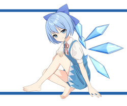 Rule 34 | 1girl, absurdres, barefoot, blue eyes, blue hair, bow, cirno, feet, hair bow, hand on own knee, highres, light blue hair, looking at viewer, medium hair, simple background, smile, soles, toes, touhou
