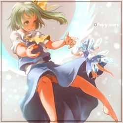 Rule 34 | 2girls, ascot, barefoot, blue hair, cirno, daiyousei, feet, giant, giantess, green eyes, green hair, mini person, minigirl, multiple girls, panties, sachito, side ponytail, striped clothes, striped panties, toes, touhou, underwear, wings