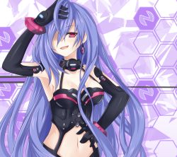 Rule 34 | 10s, 1girl, :d, ahoge, arm up, armpits, bracelet, breasts, choker, cleavage, dominatrix, earrings, elbow gloves, female focus, gloves, hair over one eye, hand on own hip, hand on own head, highres, iris heart, jewelry, kami jigen game neptune v, long hair, midriff, navel, neptune (series), open mouth, purple hair, pururut, red eyes, sigemi, smile, smirk, solo, symbol-shaped pupils, upper body, very long hair