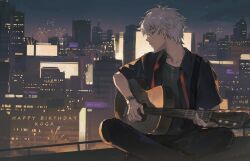 Rule 34 | 1boy, absurdres, black jacket, black pants, black shirt, bracelet, city, city lights, earrings, ensemble stars!, fence, fireworks, guitar, hair between eyes, happy birthday, highres, instrument, jacket, jewelry, looking to the side, male focus, music, night, night sky, ogami koga, on rooftop, outdoors, pants, parted lips, playing instrument, rooftop, shirooi ry, shirt, sitting, sky, solo, star (sky), white hair