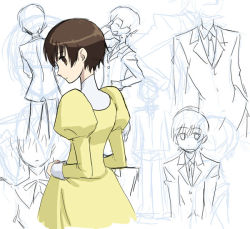 Rule 34 | 00s, 1girl, cowboy shot, dress, expressionless, formal, from behind, fujioka haruhi, long sleeves, looking at viewer, looking back, ouran high school host club, partially colored, psyt2, short hair, sketch, solo, suit, unfinished, yellow dress