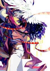 Rule 34 | 1boy, absurdres, alternate color, alternate eye color, alternate skin color, bad id, bad pixiv id, battle tendency, belt, blue wings, caesar anthonio zeppeli, colored skin, covering own mouth, feathered wings, from side, grey skin, hair between eyes, hand over own mouth, highres, jojo no kimyou na bouken, looking to the side, male focus, multicolored eyes, nail polish, nigelungdayo, sideways glance, single wing, solo, white wings, wings