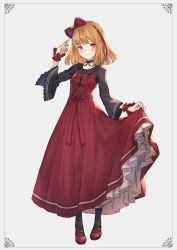 Rule 34 | 1girl, absurdres, black dress, blonde hair, blush, bow, choker, commentary, dress, framed, full body, hair bow, highres, kobuta, long dress, mary janes, medium hair, original, pantyhose, pink eyes, red dress, shoes, simple background, skirt hold, solo, two-tone dress, wide sleeves