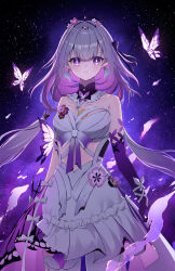 1girl absurdres bare_shoulders breasts bug butterfly castorice_(honkai:_star_rail) clothing_cutout commentary_request dress flower hair_flower hair_ornament highres honkai:_star_rail honkai_(series) insect koohii_mikan long_hair pantyhose pointy_ears purple_eyes purple_hair purple_hands single_leg_pantyhose single_thighhigh sky solo star_(sky) starry_sky stomach_cutout thighhighs tiara white_dress white_pantyhose white_thighhighs