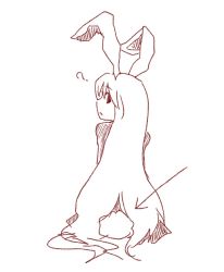 Rule 34 | 1girl, ?, animal ears, arrow (symbol), bad id, bad pixiv id, digital (digital001), female focus, from behind, long hair, looking back, monochrome, rabbit ears, rabbit girl, rabbit tail, reisen udongein inaba, simple background, sitting, solo, tail, touhou, very long hair, white background