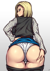 Rule 34 | 1girl, absurdres, android 18, ass, ass grab, belt, black pantyhose, black shirt, blonde hair, blue eyes, closed mouth, clothes lift, dragon ball, dragon ball (classic), earrings, from behind, gradient background, hair behind ear, hand on own hip, highres, jewelry, long sleeves, nikuatsu magician shinbo, panties, pantyhose, shirt, short hair, signature, skirt, skirt lift, solo, striped sleeves, thigh gap, thighs, underwear, white panties