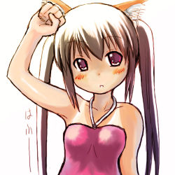 Rule 34 | 1girl, :o, animal ears, arm up, ashihata, blush, brown hair, cat ears, head tilt, k-on!, long hair, looking at viewer, nakano azusa, one-piece swimsuit, one-piece tan, pink one-piece swimsuit, red eyes, simple background, solo, swimsuit, tan, tanline, twintails, white background