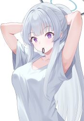 Rule 34 | 1girl, adjusting hair, alternate costume, armpits, blue archive, breasts, collarbone, grey hair, halo, highres, large breasts, long hair, mechanical halo, mouth hold, noa (blue archive), ponytail, purple eyes, raimu (clanberry000), shirt, short sleeves, simple background, solo, upper body, white background, white shirt