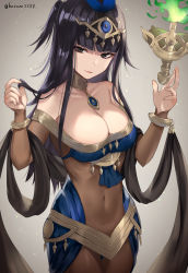 Rule 34 | 1girl, arabian clothes, bare shoulders, black eyes, black hair, blunt bangs, bodystocking, bodysuit, bracelet, breasts, bridal gauntlets, cleavage, closed mouth, collarbone, commentary request, covered navel, feather hair ornament, feathers, female focus, fire, fire emblem, fire emblem awakening, fire emblem heroes, floating, floating object, green fire, grey background, hair ornament, hand in own hair, haru (nakajou-28), highres, jewelry, large breasts, long hair, looking at viewer, matching hair/eyes, navel, necklace, nintendo, off shoulder, official alternate costume, shawl, simple background, skin tight, smile, solo, stomach, taut clothes, tharja (fire emblem), tiara, twitter username, two side up