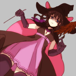 Rule 34 | 1girl, animal ears, bad id, bad pixiv id, blue eyes, breasts, brown hair, buchobucho, cape, dress, ears through headwear, elbow gloves, fate/prototype, fate (series), glasses, gloves, hat, long hair, rojiura satsuki : chapter heroine sanctuary, sajou ayaka (fate/prototype), solo, thighhighs, wand, witch, witch hat