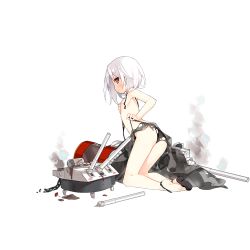 Rule 34 | 1girl, alternate costume, armpits, bikini, black bikini, black footwear, blush, breasts, cannon, chain, covering privates, covering breasts, drinking straw, from side, full body, glass, kneeling, looking at viewer, looking to the side, machinery, official art, red eyes, saru, see-through, shoes, single shoe, small breasts, smoke, snack, solo, spill, swimsuit, torn clothes, transparent background, turret, vittorio veneto (warship girls r), wardrobe malfunction, warship girls r, white hair