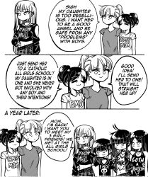 Rule 34 | 3koma, 6+girls, :3, belt, choker, clothes writing, comic, commentary, corrupted twitter file, crop top, earrings, emo-girl (grs-), emo-mom (grs-), emo fashion, english commentary, english text, goth-girl (grs-), greyscale, grs-, highres, jacket, jewelry, long hair, midriff, monochrome, mother and daughter, multiple girls, necklace, no mouth, open clothes, open jacket, original, ponytail, punk, punk-girl (grs-), shirt, short hair with long locks, skull print, speech bubble, t-shirt, thrash metal-girl (grs-), yuri