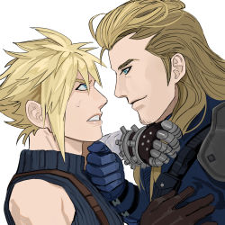 Rule 34 | 2boys, armor, blonde hair, blue eyes, blue shirt, clenched teeth, cloud strife, final fantasy, final fantasy vii, final fantasy vii remake, gloves, hair between eyes, hair slicked back, hand on another&#039;s chest, highres, male focus, mullet, multiple boys, newb ff7r, profile, roche (ff7), shirt, shoulder armor, sideburns, sleeveless, sleeveless turtleneck, spiked hair, square enix, suspenders, sweatdrop, teeth, turtleneck, white background