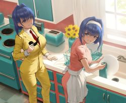Rule 34 | 2girls, alterego, apron, breasts, couple, dishwashing, doppelganger, flower, formal, hololive, hololive english, infi, kitchen, multiple girls, necktie, ouro kronii, smoking pipe, suit, sunflower, toaster, vintage, virtual youtuber, yellow suit