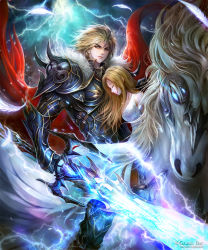 Rule 34 | 1boy, 1girl, armor, blonde hair, brown hair, cape, electricity, closed eyes, feathers, gauntlets, glowing, glowing sword, glowing weapon, holding, holding sword, holding weapon, kei1115, long hair, looking at viewer, pegasus, red cape, riding, shingoku no valhalla gate, sword, watermark, weapon