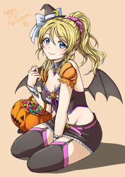 Rule 34 | 10s, 1girl, ayase eli, bat wings, between legs, black thighhighs, blonde hair, blue eyes, blush, breasts, brooch, candy, cleavage, detached sleeves, food, full body, garter straps, halloween, hand between legs, happy halloween, hat, heart, highres, jack-o&#039;-lantern, jewelry, long hair, looking at viewer, love live!, love live! school idol festival, love live! school idol project, medium breasts, midriff, mini hat, mini witch hat, navel, pas (paxiti), ponytail, simple background, skirt, smile, solo, thighhighs, wings, witch hat, wrist cuffs, zettai ryouiki