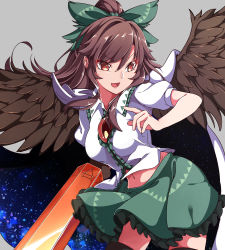 Rule 34 | 1girl, absurdres, arm cannon, bird wings, black thighhighs, brown eyes, brown hair, cape, center frills, feathered wings, frilled skirt, frills, gokuu (acoloredpencil), green ribbon, green skirt, hair between eyes, hair ribbon, highres, long hair, looking to the side, navel, open mouth, puffy short sleeves, puffy sleeves, reiuji utsuho, ribbon, short sleeves, skirt, solo, thighhighs, third eye, touhou, weapon, wings