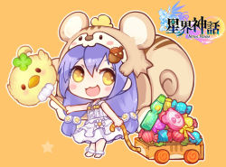 Rule 34 | 1girl, :d, acorn hair ornament, animal ears, animal hood, bare arms, bare shoulders, barefoot, blush stickers, bow, candy, candy wrapper, chibi, commentary request, copyright name, copyright request, dress, flower, food, hair between eyes, hair ornament, holding, hood, hood up, lollipop, long hair, looking at viewer, maodouzi, open mouth, orange background, purple hair, ramune, sleeveless, sleeveless dress, smile, solo, squirrel ears, squirrel hood, squirrel tail, standing, star (symbol), sweets, tail, very long hair, white dress, white flower, yellow bow, yellow eyes
