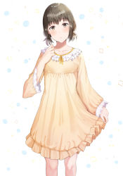 Rule 34 | 1girl, bad id, bad pixiv id, blush, brown dress, brown eyes, brown hair, collarbone, dress, fingernails, frilled dress, frills, hand up, head tilt, kubong, long hair, long sleeves, low twintails, original, puffy long sleeves, puffy sleeves, short hair, short twintails, skirt hold, sleeves past wrists, solo, twintails, white background