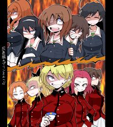 Rule 34 | 6+girls, ahoge, assam (girls und panzer), bags under eyes, black hair, black ribbon, blonde hair, blue jacket, blunt bangs, braid, braided ponytail, brown hair, closed mouth, commentary request, commission, constricted pupils, crazy eyes, cup, darjeeling (girls und panzer), frown, girls und panzer, green shirt, grimace, grin, hair over shoulder, hair pulled back, hair ribbon, hairband, hand on own hip, holding, holding cup, holding pillow, jacket, long hair, long sleeves, looking at viewer, medium hair, military uniform, miniskirt, multiple girls, nishizumi miho, nuka cola06, one eye closed, ooarai military uniform, orange hair, orange pekoe (girls und panzer), partial commentary, peeking out, pillow, pixiv commission, pleated skirt, red hair, red jacket, ribbon, rosehip (girls und panzer), rukuriri (girls und panzer), shirt, short hair, single braid, skirt, smile, smirk, st. gloriana&#039;s military uniform, teacup, translated, twin braids, uniform, white hairband, white skirt