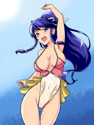 Rule 34 | 1girl, areola slip, arm up, armpits, blue background, blue eyes, blue hair, blush, braid, breasts, cameltoe, casual one-piece swimsuit, covered erect nipples, cowboy shot, day, deno (denomina0), female focus, fire emblem, fire emblem: the sacred stones, fire emblem heroes, gluteal fold, gradient background, highleg, highleg swimsuit, highres, large breasts, long hair, looking at viewer, navel, nintendo, one-piece swimsuit, open mouth, ponytail, pussy, see-through, side braid, sky, smile, solo, sun, swimsuit, tana (fire emblem), tana (summer) (fire emblem), twin braids, uncensored