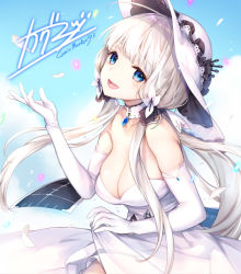Rule 34 | 1girl, :d, ahoge, azur lane, bare shoulders, blue eyes, blue sky, blunt bangs, blush, breasts, cleavage, closed mouth, cross, day, detached collar, dress, elbow gloves, from side, gem, gloves, glowing, hair ornament, hand up, hat, illustrious (azur lane), kaguyuzu, large breasts, long hair, looking at viewer, looking to the side, mole, mole under eye, open mouth, petals, shiny skin, signature, silver hair, skirt hold, sky, smile, solo, strapless, strapless dress, sun hat, tri tails, upper body, very long hair, white dress, white gloves, white hat