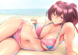 Rule 34 | 10s, 1girl, beach, bifidus, bikini, blush, breasts, brown hair, cleavage, curvy, female focus, hip focus, ise (kancolle), kantai collection, large breasts, long hair, looking at viewer, lying, multicolored bikini, multicolored clothes, navel, on side, ponytail, red eyes, smile, solo, swimsuit, thighs, underboob, wide hips