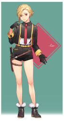 Rule 34 | 1girl, absurdres, ankle boots, belt, black gloves, black jacket, black shorts, blonde hair, boots, border, character name, character signature, collared jacket, dagger, earrings, fur-trimmed boots, fur trim, gloves, highres, jacket, jewelry, knife, leo (reiga), looking at viewer, necktie, original, red eyes, red necktie, reiga (act000), scabbard, sheath, shirt, short hair, short shorts, shorts, smile, solo, standing, thigh belt, thigh strap, weapon, white border, white shirt