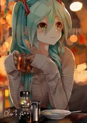 Rule 34 | 1girl, bad id, bad pixiv id, blurry, cup, depth of field, green eyes, green hair, hair between eyes, hatsune miku, highres, long hair, mug, sleeves past wrists, solo, table, takepon1123, twintails, vocaloid