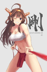 Rule 34 | &gt;;d, 10s, 1girl, ahoge, bare arms, bare legs, bare shoulders, blurry, blush, breasts, brown hair, chest sarashi, cleavage, clenched teeth, collarbone, depth of field, double bun, female focus, grey background, grin, hair intakes, hairband, haruto (harut n), headgear, kantai collection, kongou (kancolle), kongou kai ni (kancolle), large breasts, legs, long hair, looking at viewer, midriff, navel, neck, one eye closed, pulling, purple eyes, sarashi, sidelocks, simple background, smile, solo, standing, strapless, teeth
