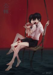Rule 34 | 1boy, 1girl, androgynous, artist name, bakgae, black eyes, black hair, black ribbon, black shorts, blood, blood on clothes, blood on hands, bloody knife, collared shirt, commentary request, dated, eye contact, highres, holding, holding rope, knife, blade to throat, looking at another, neck ribbon, ocean, profile, red sky, ribbon, rope, shirt, short hair, shorts, sitting, sitting on lap, sitting on person, sky, swing, translation request, water, white shirt, wing collar