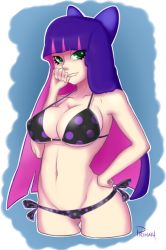 Rule 34 | 10s, 1girl, bikini, biting, biting own thumb, breasts, colored inner hair, flcl-prinny, green eyes, large breasts, long hair, multicolored hair, panty &amp; stocking with garterbelt, pink hair, polka dot, purple hair, signature, solo, stocking (psg), swimsuit, thumb biting