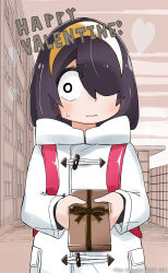 Rule 34 | 1girl, 3:, artist name, backpack, bag, black hair, box, brown ribbon, brown sky, building, closed mouth, cloud, cloudy sky, coat, copyright notice, dot nose, duffel coat, embarrassed, english text, gift, gift box, hair over one eye, hairband, hands up, happy valentine, hatching (texture), heart, highres, holding, holding gift, hood, hood down, hooded coat, jijou wo shiranai tenkousei ga guigui kuru., kawamura taku, layered sleeves, linear hatching, long bangs, long sleeves, looking at viewer, nishimura akane, official art, one eye covered, outdoors, pocket, randoseru, red bag, ribbon, sanpaku, short hair, shy, sky, solo, split mouth, square enix, sweat, upper body, valentine, wavy mouth, white coat, white eyes, winter clothes, yellow hairband