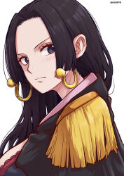 Rule 34 | 1girl, aosora2823, artist name, black eyes, black hair, blush, boa hancock, breasts, closed mouth, commentary, earrings, epaulettes, highres, jewelry, large breasts, long hair, looking at viewer, one piece, simple background, snake earrings, solo, white background