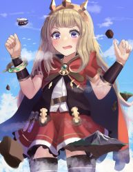 Rule 34 | 1girl, absurdres, aircraft, airship, akagane mic, black thighhighs, blonde hair, blue sky, blush, cagliostro (granblue fantasy), cape, cloud, cowboy shot, floating island, giant, giantess, granblue fantasy, hairband, highres, long hair, open mouth, purple eyes, red cape, red skirt, skirt, sky, solo, spiked hairband, spikes, standing, sweatdrop, thighhighs, tiara, vial