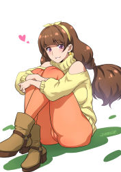 Rule 34 | 1girl, amanogawa kirara, ankle boots, ass, bare shoulders, boots, breasts, brown footwear, brown hair, cameltoe, clothing cutout, earrings, go! princess precure, hugging own legs, jewelry, joy ride, long hair, looking at viewer, orange pantyhose, pantyhose, precure, purple eyes, shoulder cutout, sitting, smile, solo, star (symbol), star earrings, sweater, twintails