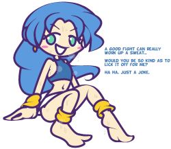 Rule 34 | 1girl, ankleband, aqua eyes, bare shoulders, barefoot, blue hair, blue shirt, blush, blush stickers, crop top, earrings, english text, feet, female focus, flat chest, flat color, full body, grin, hair intakes, happy, jaggy lines, jewelry, long hair, looking at viewer, navel, puyopuyo, rulue (puyopuyo), shirt, sidelocks, simple background, sitting, sleeveless, sleeveless shirt, smile, solo, steam, steaming body, stomach, sweat, talking, teeth, text focus, v-shaped eyebrows, vilepluff, white background, wristband