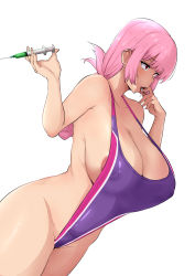Rule 34 | 1girl, absurdres, areola slip, braid, breasts, cleavage, collarbone, constricted pupils, covered erect nipples, fate/grand order, fate (series), florence nightingale (fate), highres, huge breasts, long hair, mon (manarestra), open mouth, pink hair, red eyes, revealing clothes, saliva, simple background, solo, strap gap, syringe, tongue, tongue out, white background