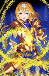 Rule 34 | 1girl, absurdres, alice zuberg, armor, armored dress, blonde hair, blue background, blue cape, blue eyes, bow, breastplate, cape, faulds, floating hair, gold armor, hair bow, hairband, highres, long hair, looking at viewer, mosta (lo1777789), open mouth, pauldrons, shoulder armor, solo, standing, sword art online, sword art online: alicization, very long hair, white bow, white hairband
