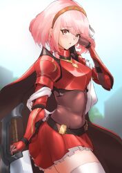 Rule 34 | 1girl, armor, artist name, bodystocking, braid, breastplate, brown eyes, commentary, covered navel, deekei, fire emblem, fire emblem engage, gloves, grey hairband, hairband, highres, lapis (fire emblem), nintendo, pink hair, red armor, red hairband, ribbon, short hair, side braid, solo, sword, thighhighs, thighs, two-tone hairband, weapon, white background, white ribbon, white thighhighs