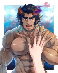 Rule 34 | 1boy, abs, absurdres, bara, beard, blue hair, broken horn, completely nude, dark-skinned male, dark blue hair, dark skin, demon boy, demon horns, facial hair, fang, fiery horns, hand to hand, highres, horns, huge filesize, kageru (mofnyan), large pectorals, long sideburns, male focus, mature male, muscular, muscular male, nipples, nude, pectorals, pov, short hair, sideburns, size difference, smile, solo focus, stomach, stubble, takemaru (housamo), thick eyebrows, tokyo houkago summoners, upper body