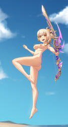 Rule 34 | 1girl, :d, absurdres, arm tattoo, ass, barefoot, bikini, blonde hair, blue sky, bow (weapon), breasts, cloud, commentary, completely nude, day, full body, genshin impact, highres, holding, holding bow (weapon), holding weapon, large breasts, luizhtx, nipples, nude, open mouth, outdoors, ponytail, revision, short hair, sky, smile, solo, stomach, swimsuit, tattoo, thighs, thundering pulse (genshin impact), weapon, yellow eyes, yoimiya (genshin impact)