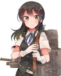 Rule 34 | 10s, 1girl, bad id, bad twitter id, black hair, blouse, blush, collared shirt, cowboy shot, frown, gloves, green eyes, hair ornament, holding, itomugi-kun, kantai collection, long hair, looking away, md5 mismatch, oyashio (kancolle), resized, ribbon, shirt, simple background, solo, white background, white shirt