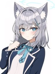 Rule 34 | 1girl, absurdres, animal ear fluff, animal ears, artist name, blue archive, blue eyes, blue jacket, cross hair ornament, extra ears, goyain, grey hair, hair intakes, hair ornament, halo, highres, jacket, medium hair, mismatched pupils, open clothes, open jacket, school uniform, shiroko (blue archive), shirt, simple background, solo, white background, white shirt, wolf ears