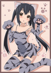 Rule 34 | 1girl, :o, animal ears, animal hands, animal print, arched back, armpits, bare shoulders, black hair, breasts, brown eyes, cat ears, cat paws, cleavage, dress, elbow gloves, errant, flat chest, gloves, highres, k-on!, kneeling, long hair, nakano azusa, paw gloves, paw pose, paw print, small breasts, solo, strap slip, tail, thighhighs, tiger print, twintails, zettai ryouiki