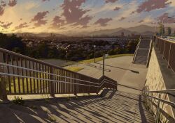 Rule 34 | absurdres, building, city, cityscape, cloud, commentary request, evening, grass, highres, house, lamppost, marimo (marimo2468), mountain, mountainous horizon, no humans, original, railing, scenery, shadow, sky, skyscraper, stairs, sunset, tree