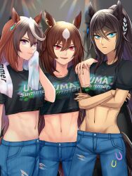 3girls black_hair blue_eyes brown_hair commentary_request cowboy_shot cropped_shirt dark-skinned_female dark_skin denim ear_ornament hair_between_eyes highres jeans long_hair midriff multicolored_hair multiple_girls navel pants pnskb purple_eyes red_eyes short_sleeves sirius_symboli_(umamusume) streaked_hair symboli_kris_s_(umamusume) symboli_rudolf_(umamusume) uma_summer_(umamusume) umamusume white_hair